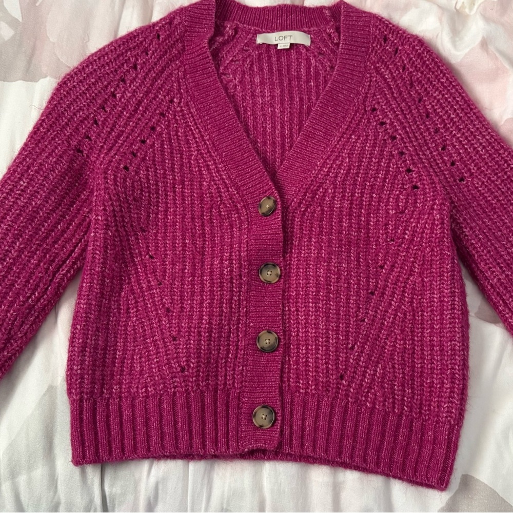 LOFT Women's Fuchsia Button-Front V-Neck Knit Cardigan
